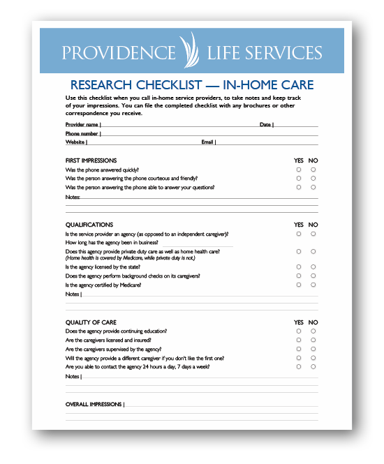 providence life services in home comparison sheet