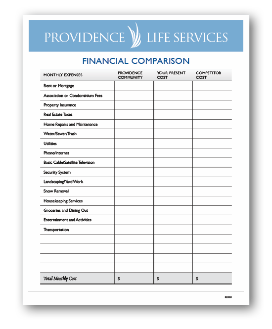 providence life services financial comparison worksheet