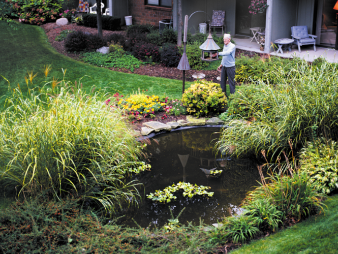 senior man enjoys grounds outside his patio at royal park place