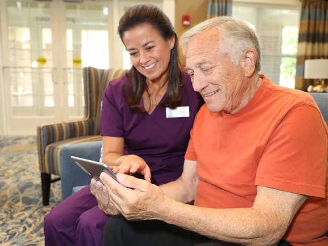 geriatric care manager works with male park place resident on care plan